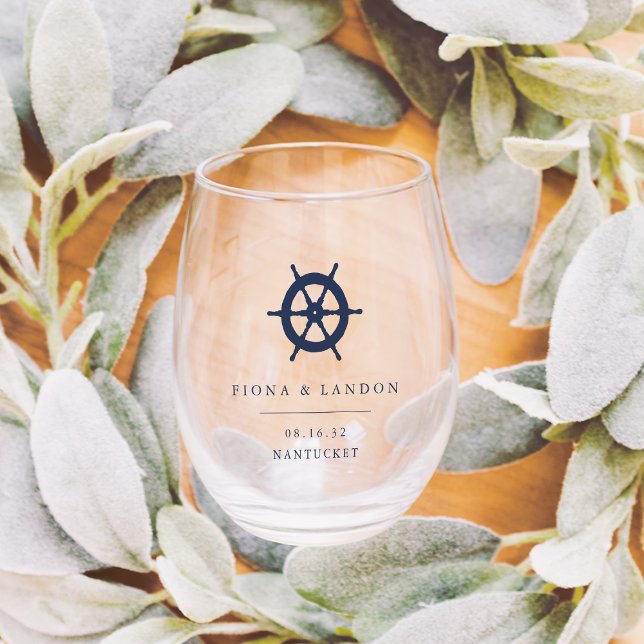 Nautical Ship's Wheel Personalised Wedding Favour Stemless Wine Glass (Creator Uploaded)