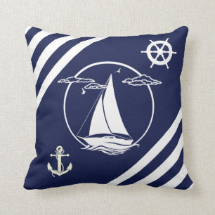 Nautical ship's wheel/sailboat/anchor/stripe 2 cushion
