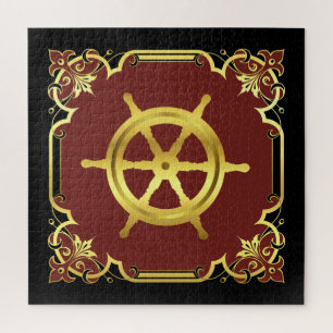 Nautical ship's wheel silhouette/gold/black/red jigsaw puzzle