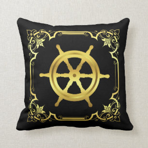Nautical ship's wheel silhouette/gold/black square cushion