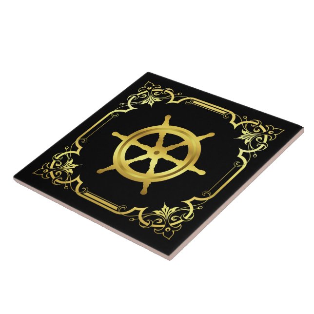 Nautical ship's wheel silhouette/gold/black tile (Side)