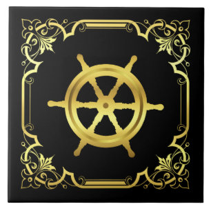 Nautical ship's wheel silhouette/gold/black tile
