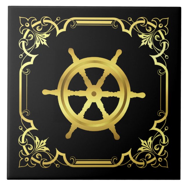 Nautical ship's wheel silhouette/gold/black tile (Front)