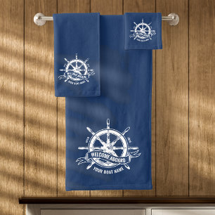 Nautical Ship's Wheel Welcome Aboard Navy Blue Bath Towel Set