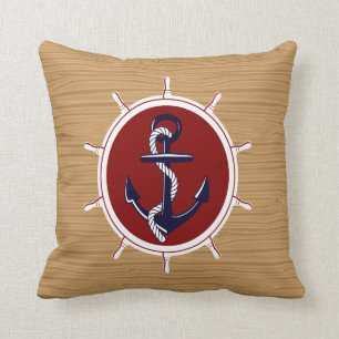 Nautical Ships Wheels Anchor on Wood Grain Cushion