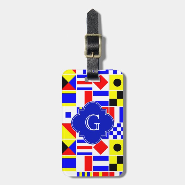 Nautical Signal Flags Royal Quatrefoil Monogram Luggage Tag (Front Vertical)
