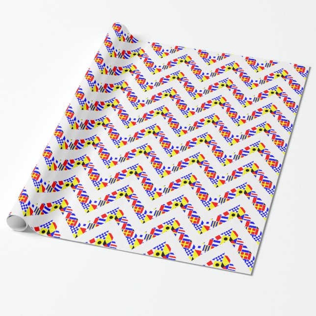 Nautical Signal Flags White XL Chevron Pattern Wrapping Paper (Unrolled)