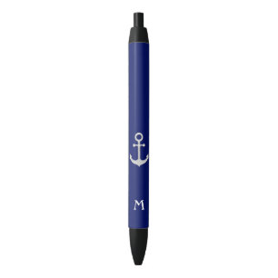 Nautical Silver Anchor and Monogram Black Ink Pen
