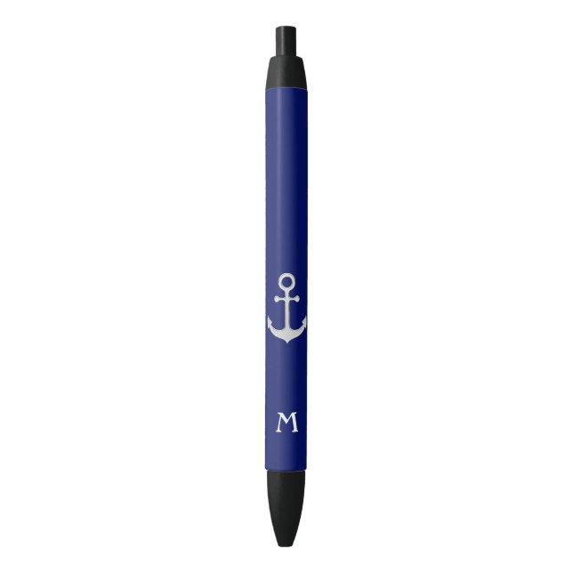 Nautical Silver Anchor and Monogram Black Ink Pen (Front Vertical)
