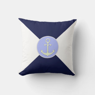 Nautical Silver Anchor on Navy Blue & White  Cushion