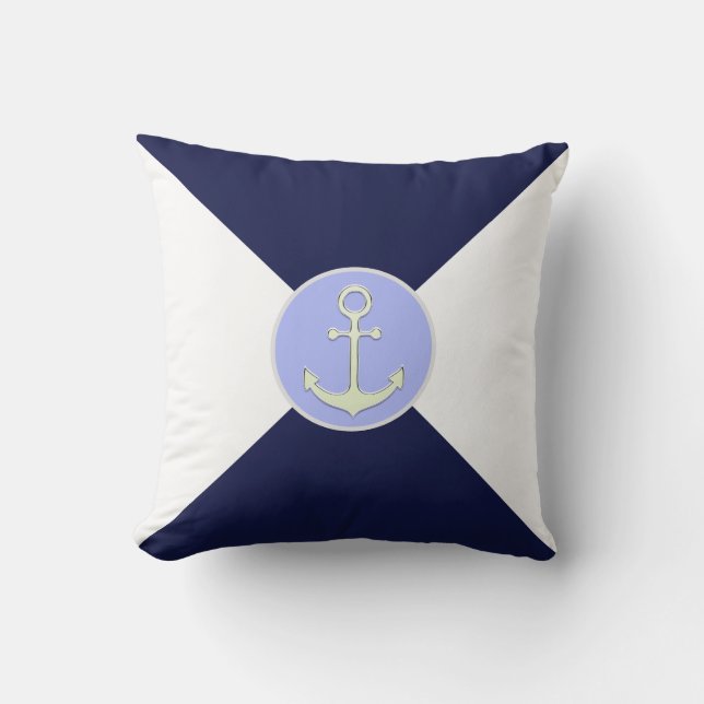 Nautical Silver Anchor on Navy Blue & White  Cushion (Front)