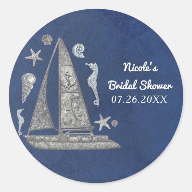 Nautical Silver Boat & Beach Things Elegant Party Classic Round Sticker (Front)