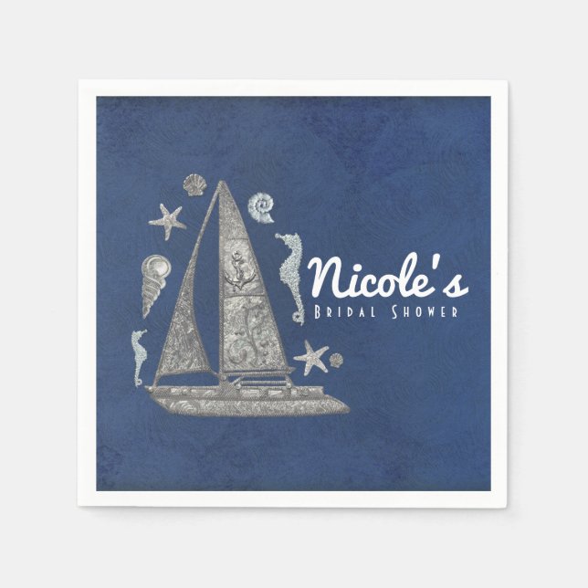 Nautical Silver Boat & Beach Things Elegant Party Napkin (Front)