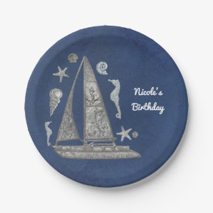 Nautical Silver Boat & Beach Things Elegant Party Paper Plate