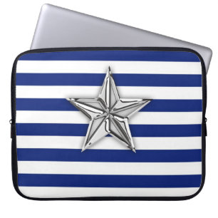 Nautical Silver Star Design on Stripes Laptop Sleeve