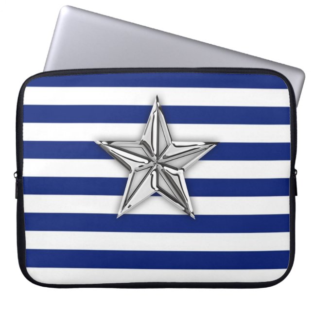 Nautical Silver Star Design on Stripes Laptop Sleeve (Front)