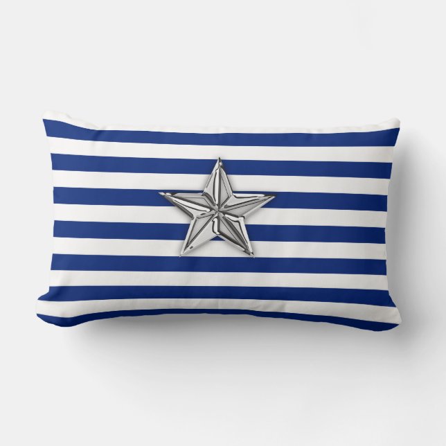 Nautical Silver Star on Blue Stripes Lumbar Cushion (Front)