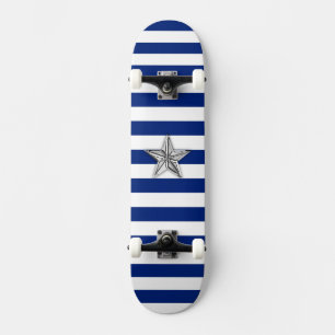Nautical Silver Star on Blue Stripes Skateboard