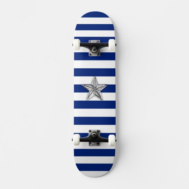 Nautical Silver Star on Blue Stripes Skateboard (Front)