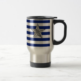 Nautical Silver Star on Blue Stripes Travel Mug