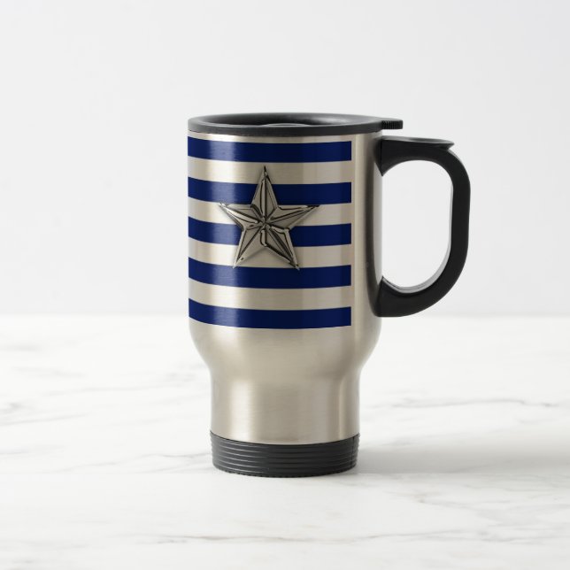 Nautical Silver Star on Blue Stripes Travel Mug (Right)