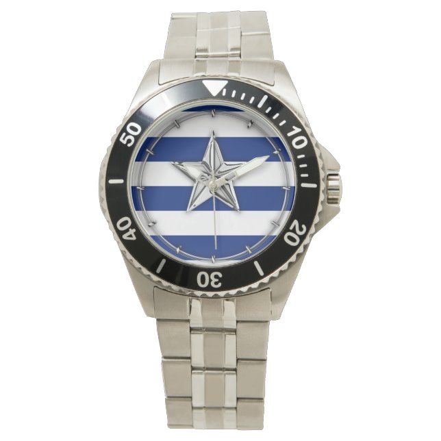 Nautical Silver Star on Blue Stripes Watch (Front)
