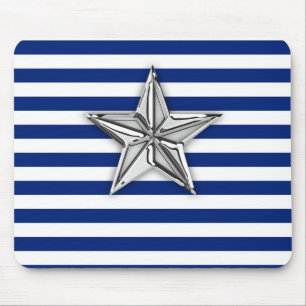 Nautical Silver Star on Navy Blue Stripes Mouse Mat