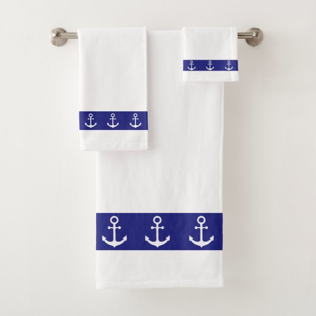 Nautical Simple, Elegant, Anchors on Blue & White Bath Towel Set (Insitu)