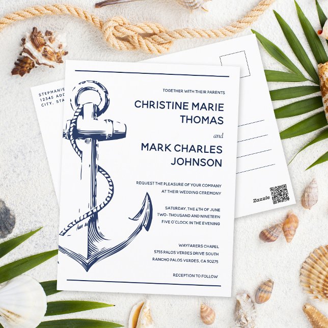 Nautical Sketch Anchor Wedding Invite Postcard (Creator Uploaded)