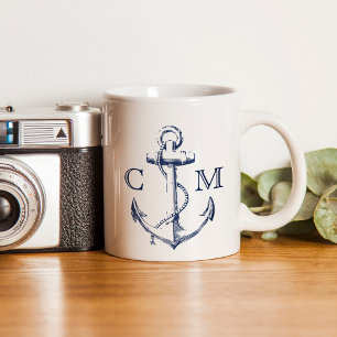 Nautical Sketch Navy Blue Anchor Monogram   Coffee Mug