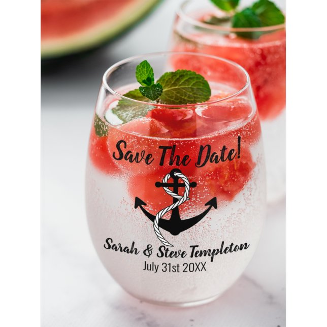 Nautical Sparkle Wedding Save The Date Stemless Wine Glass (Save the Date Personalized Nautical Stemless wine glass)