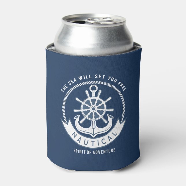 Nautical Spirit Anchor,Wheel, Navy Blue Can Cooler (Can Front)