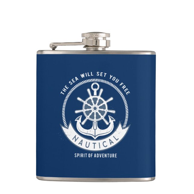 Nautical Spirit Anchor,Wheel, Navy Blue Hip Flask (Front)