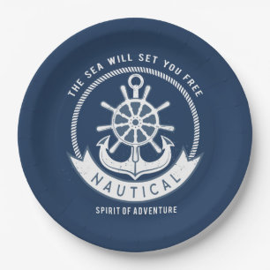 Nautical Spirit Anchor,Wheel, Navy Blue Paper Plate