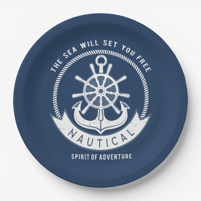 Nautical Spirit Anchor,Wheel, Navy Blue Paper Plate (Front)