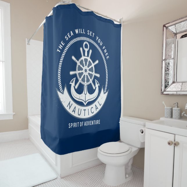 Nautical Spirit Anchor,Wheel, Navy Blue Shower Curtain (In Situ)