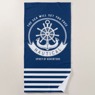 Nautical Spirit Anchor,Wheel, Navy Blue,Stripes Beach Towel