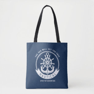 Nautical Spirit Anchor,Wheel, Navy Blue Tote Bag