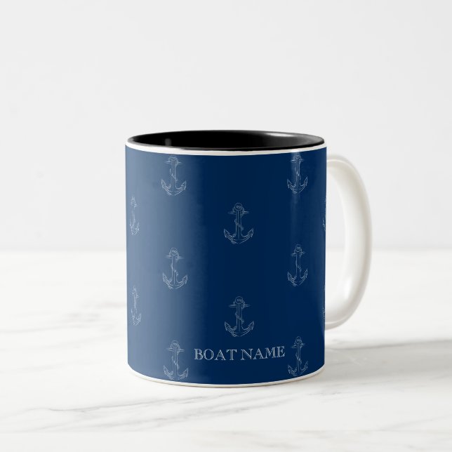 Nautical Spirit Anchors Navy Blue    Two-Tone Coffee Mug (Front Right)