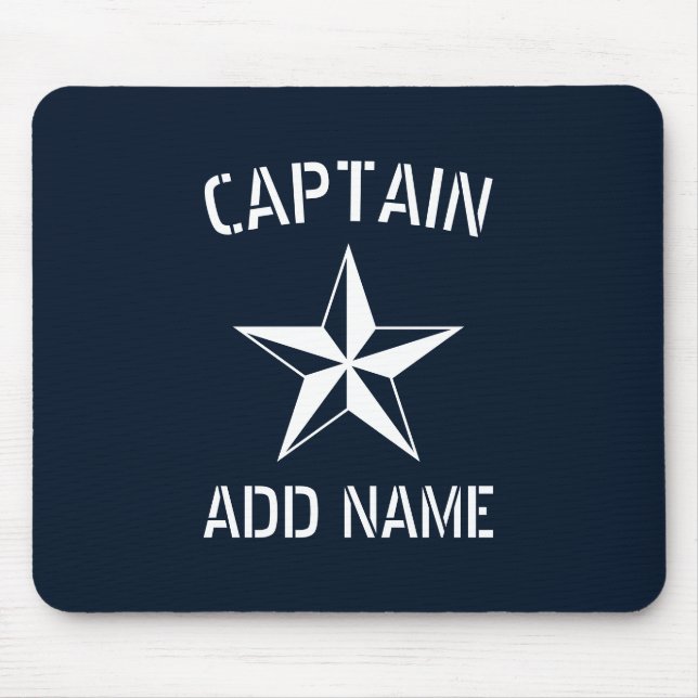 Nautical star boat captain name navy blue & white mouse mat (Front)
