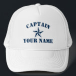 Nautical star boat captain name sailing yachting trucker hat<br><div class="desc">Nautical star boat captain name sailing yachting Trucker Hat. Bold typography template for name or quote. Make your own personalised cap for boating. Navy blue maritime symbol with custom text. Cool Birthday or Fathers Day gift idea for men. Make your own for skipper, dad, uncle, father, brother, husband, friend etc....</div>