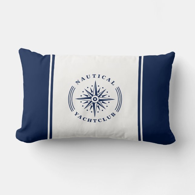 Nautical Star, Compass Badge, Navy and White Lumbar Cushion (Front)