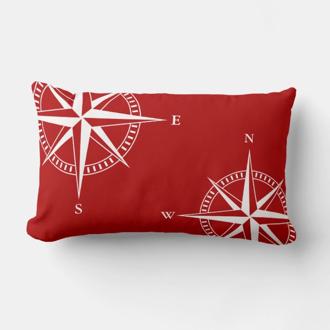Nautical Star, Compass,  Red and White, Nautical, Lumbar Cushion (Front)