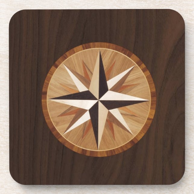 Nautical Star Dark Wood Marquetry Look Coaster (Front)