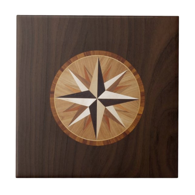 Nautical Star Dark Wood Marquetry Look Tile (Front)