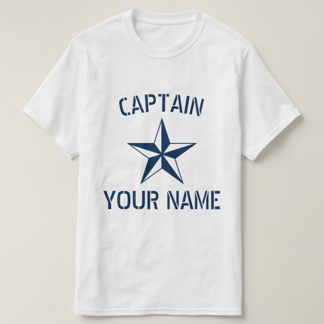 Nautical star navy blue white boat captain name T-Shirt (Design Front)