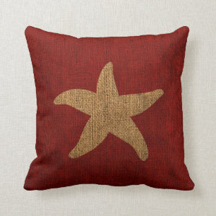 Nautical Starfish in Rustic Red and Burlap Look Cushion