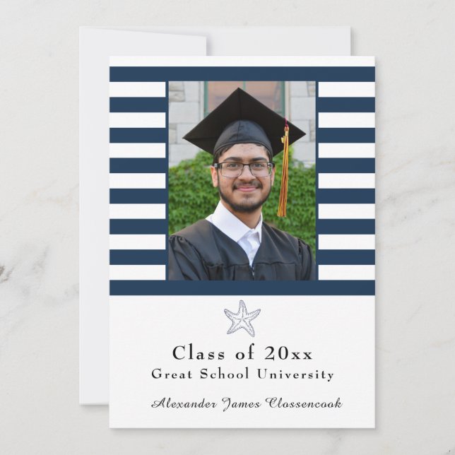 Nautical Starfish Modern Navy White stripe  Announcement (Front)