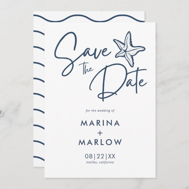 Nautical Starfish Navy & White Wave  Save The Date (Front/Back)