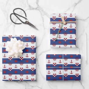 Nautical Stars And Stripes Pattern Wrapping Paper Sheet
